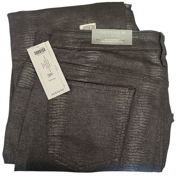 Chicos Size 3 16 Womens So Slimming Girlfriend Coated Silver Gator Ankle Jeans - Picture 2 of 14